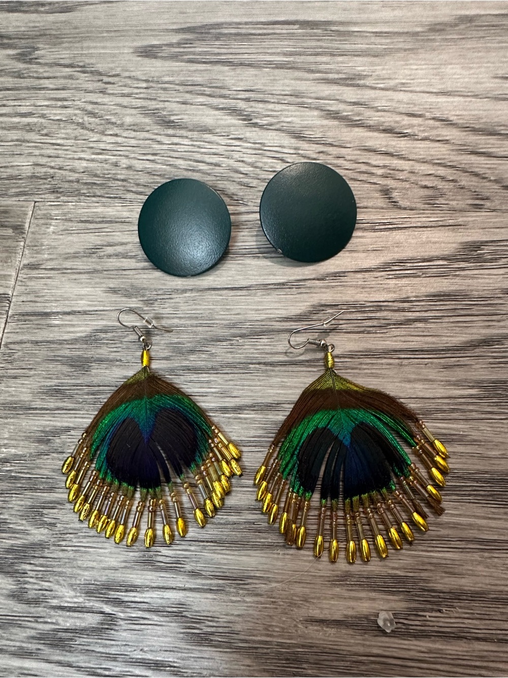 Green Peacock Feather Drop Earrings with Gold Bead Fringe
